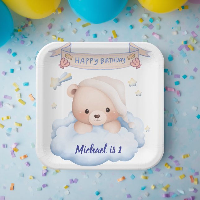 Personalised Teddy Bear 1st Birthday Paper Plate (Creator Uploaded)