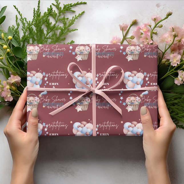 Personalised Teddy Bear and Balloon Baby Shower Wrapping Paper (Creator Uploaded)