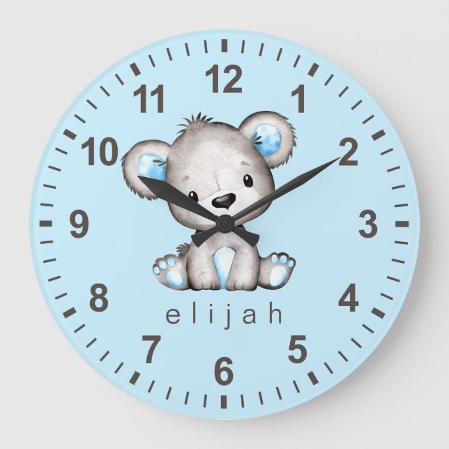 Personalised Teddy Bear Baby Boy Blue Large Clock (Front)