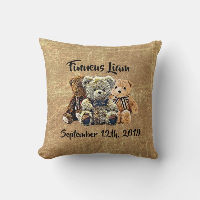Personalised Teddy Bear Baby Boy Nursery Cushion (Front)