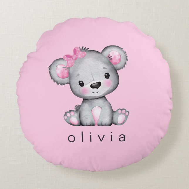 Personalised Teddy Bear Baby Girl Pink Round Cushion (Front)
