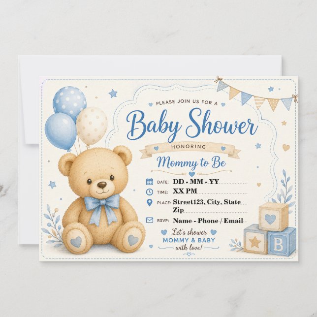 Personalised Teddy Bear Baby Shower Blue Beige Invitation (Front)