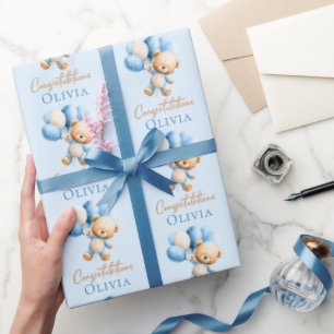 Personalised Teddy Bear Boy Baby Shower Wrapping Paper