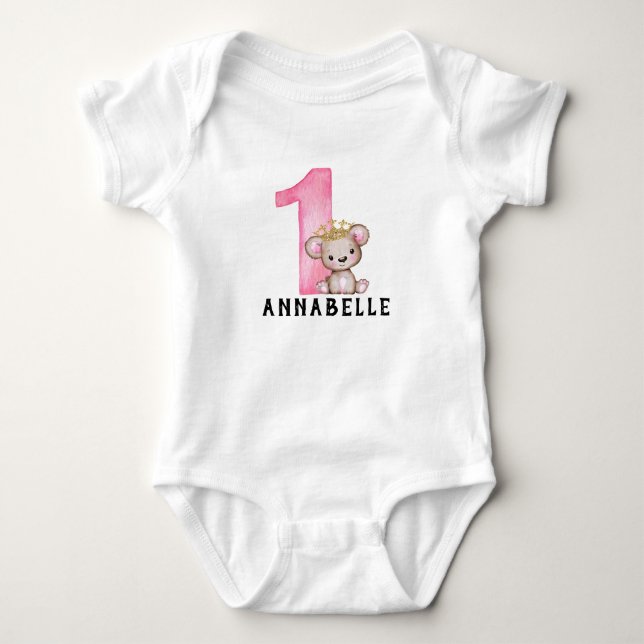 Personalised Teddy Bear Girls Pink 1 1st Birthday Baby Bodysuit (Front)