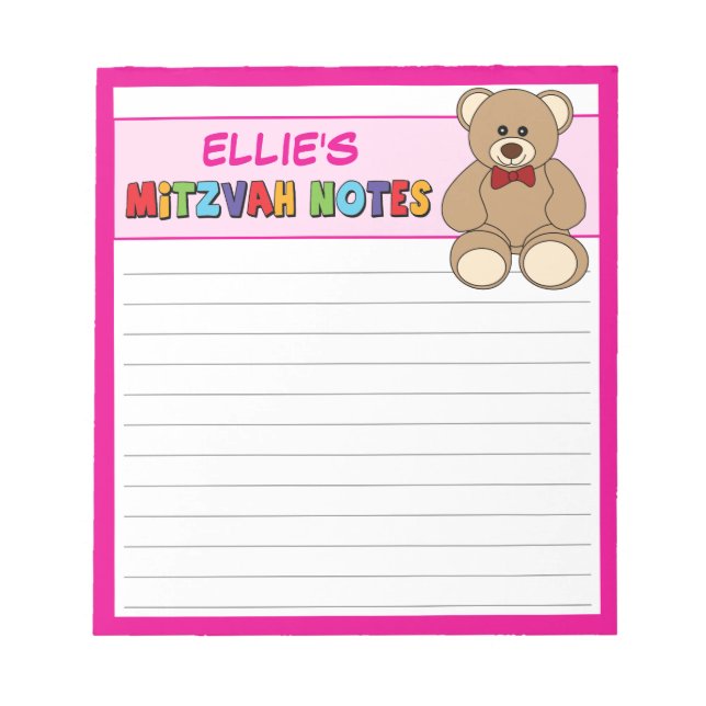 Personalised Teddy Bear Mitzvah Pink Notepad (Front)