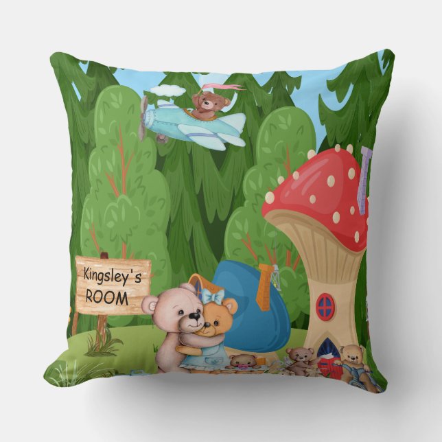 Personalised Teddy Bear Picnic Village Cushion (Front)