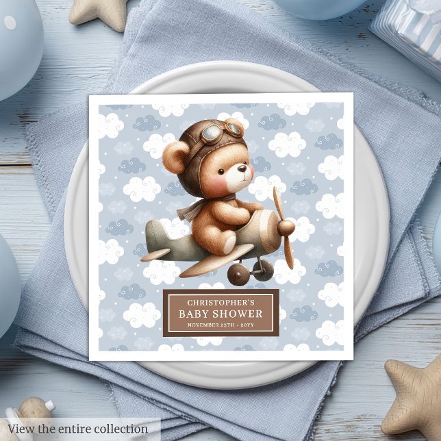 Personalised Teddy Bear Pilot Baby Shower Party  Napkin (Personalized Teddy Bear Pilot Baby Shower Party Napkins)