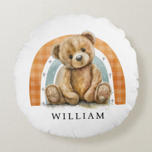 Personalised Teddy Bear Rainbow Boho Nursery  Round Cushion