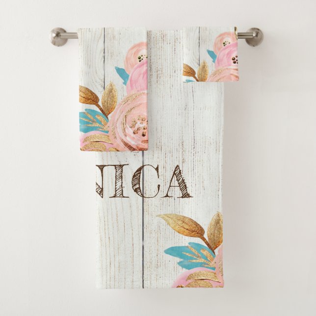 Personalised Teddy Bear Rustic Floral Bath Towel Set (Insitu)