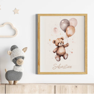 Personalised Teddy Bear with Balloons Nursery Poster