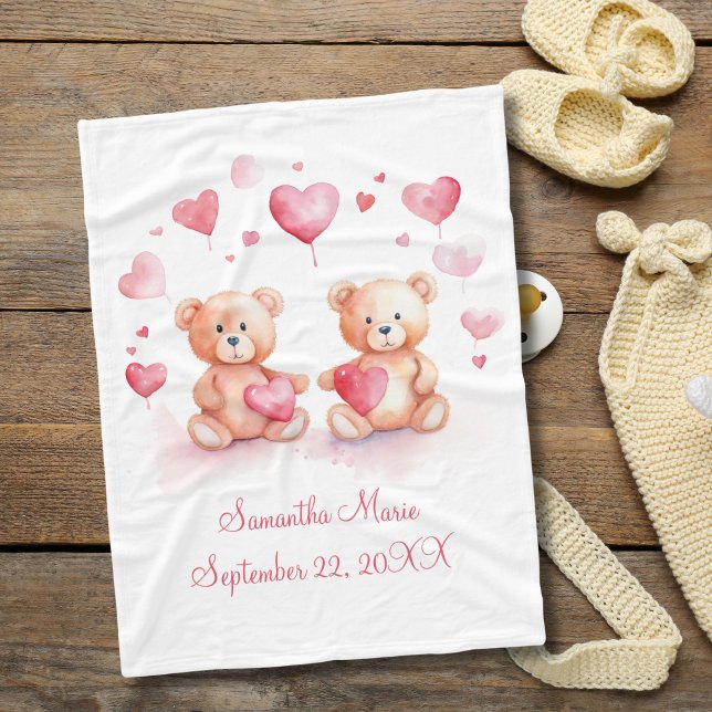 Personalised Teddy Bears Pink Red Hearts Baby Fleece Blanket (Personalized Teddy Bears Red Hearts Baby Blanket for baby girl. New baby gift Baby shower gift)