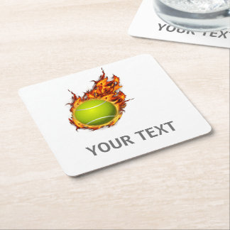 Personalised Tennis Ball on Fire Tennis Theme Gift Square Paper Coaster