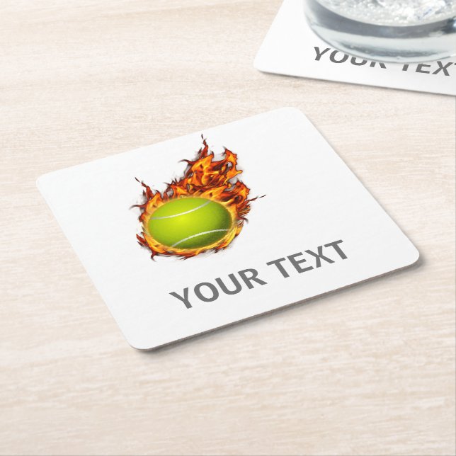 Personalised Tennis Ball on Fire Tennis Theme Gift Square Paper Coaster (Angled)