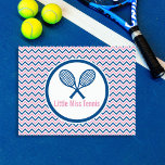 Personalised Tennis & Blue and Pink Chevron Design Postcard<br><div class="desc">Custom post/note cards with a personalised tennis racquet design and blue and pink chevron patterned background. Criss-crossed tennis racquets are centred in a blue and white circle that's monogrammed with your name or initials. The circle is set against a blue, pink and white chevron zigzag patterned background. Preppy, trendy, modern...</div>