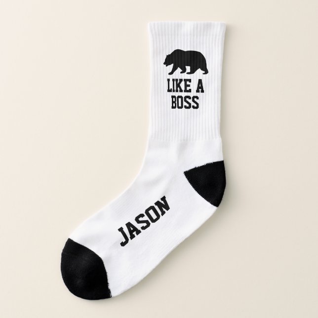 Personalised tennis socks with like a boss bear (Left Outside)