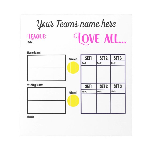 Personalised Tennis Team Scoresheets Notepad (Front)