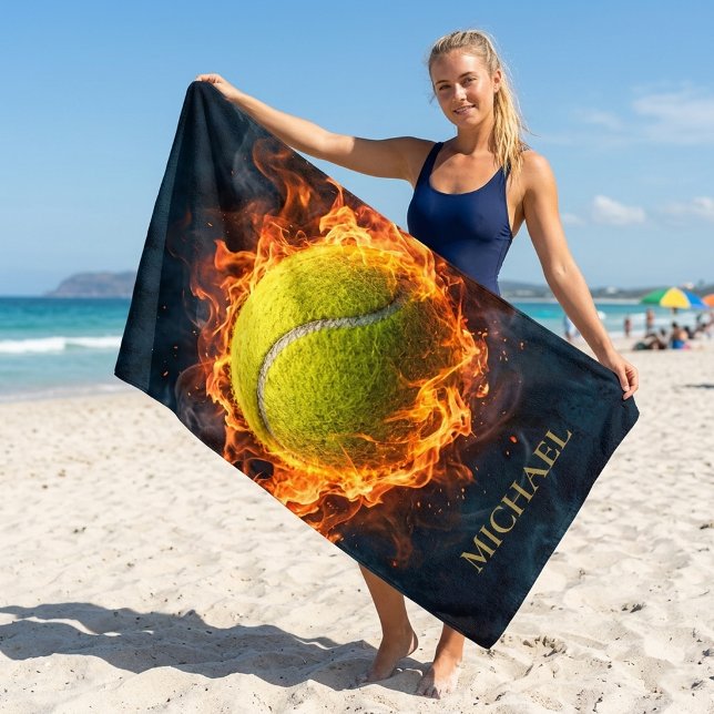 Personalised Tennis with Fiery Ball  Beach Towel (Creator Uploaded)