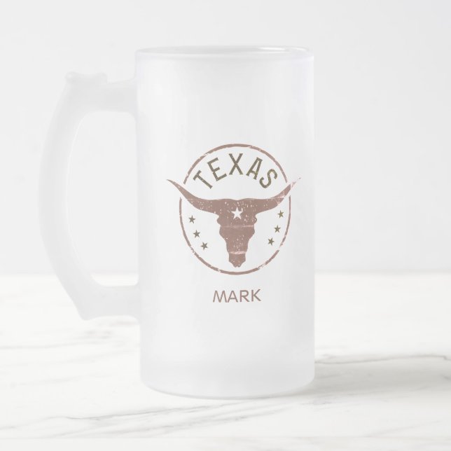 Personalised Texas Longhorn Frosted Glass Beer Mug (Left)