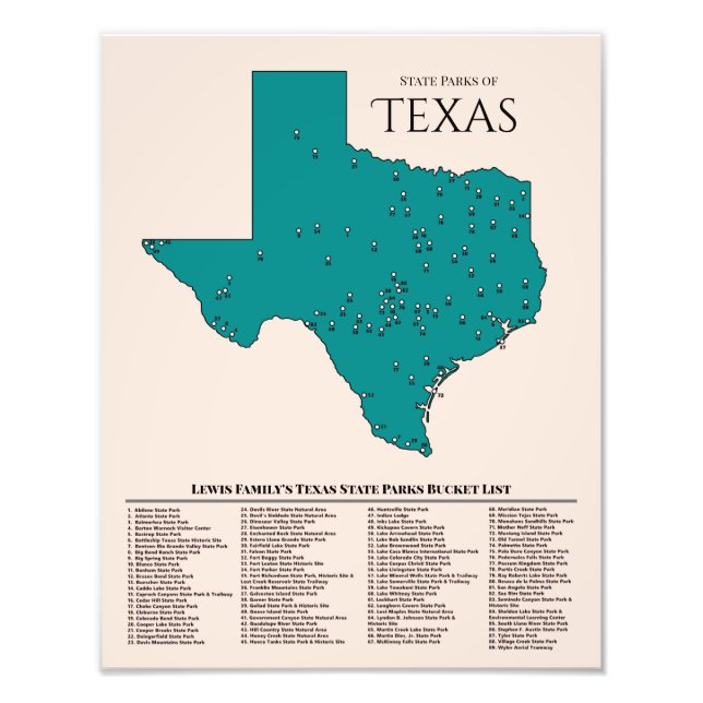 Personalised Texas State Park Bucket List Map Photo Print (Front)