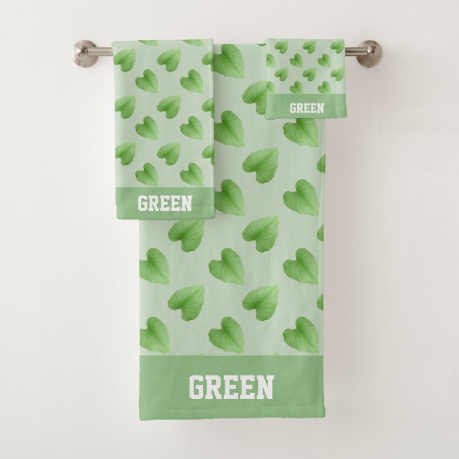 Personalised Text and Leaves on Light Green Bath Towel Set (Insitu)