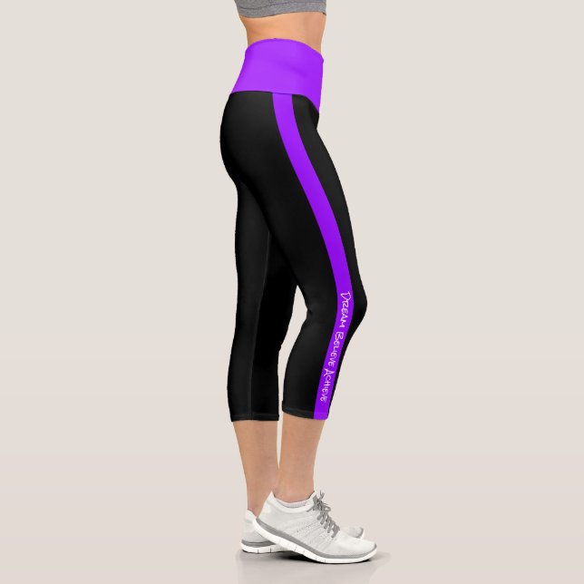 Personalised Text Black Neon Purple Stripes Capri Leggings (Right)