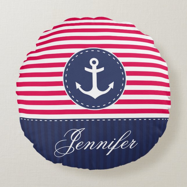 Personalised Text Blue and Red Nautical Anchor Round Cushion (Front)