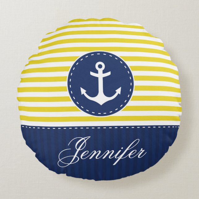Personalised Text Blue and Yellow Nautical Anchor Round Cushion (Front)