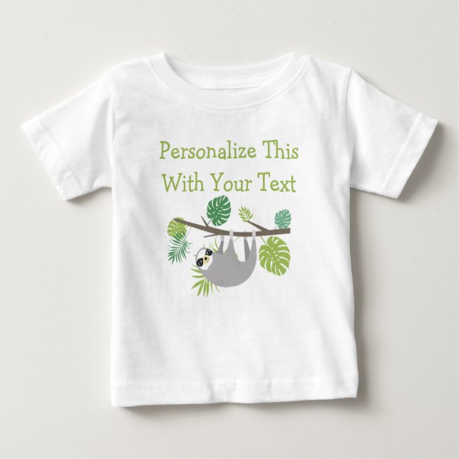 Personalised Text Fun Hanging Sloth Baby T-Shirt (Front)