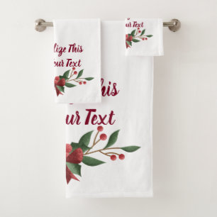Personalised Text Holly and Berry Christmas Bath Towel Set