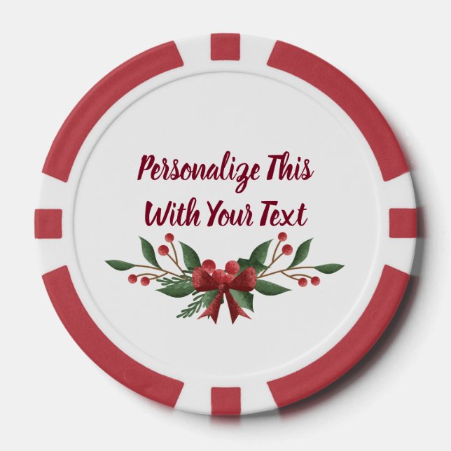 Personalised Text Holly and Berry Christmas Poker Chips (Front)