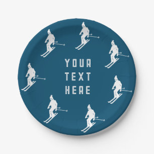 Personalised Text Skiers Skiing Ski Blue White  Paper Plate