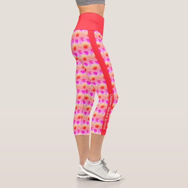 Personalised Text Sunflower Neon Pink Floral Capri Leggings (Right)