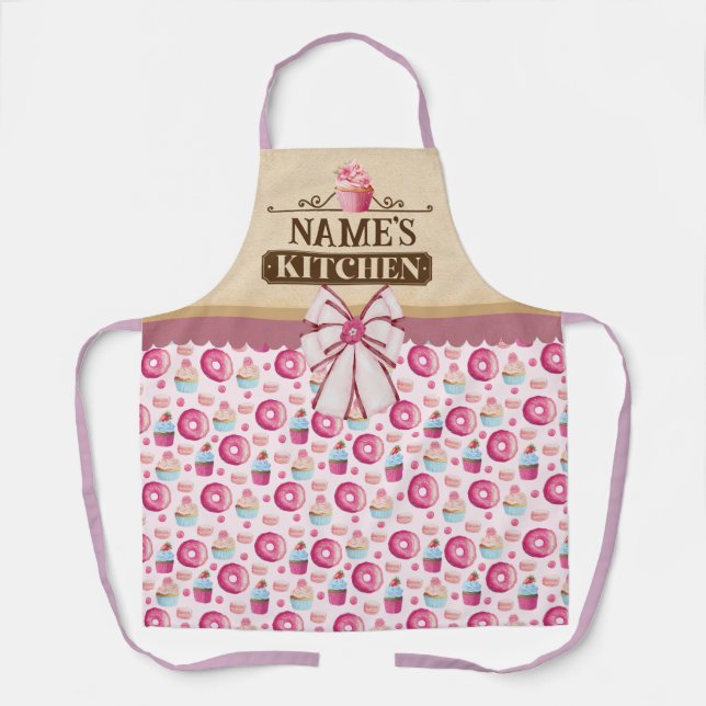 Personalised Text, Watercolor Cupcake and doughnut Apron (Front)
