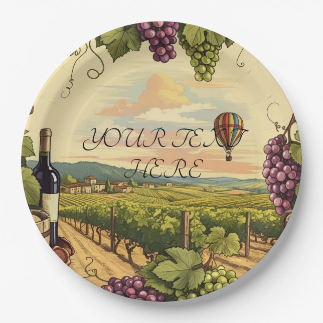 Personalised Text Wine Country Hot Air Balloon Paper Plate (Front)
