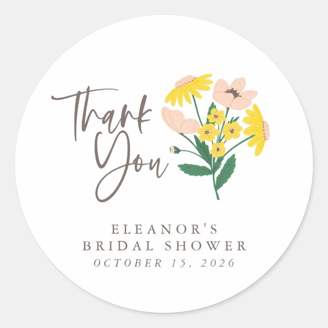 Personalised Thank You Bridal Shower Wildflowers Classic Round Sticker (Front)