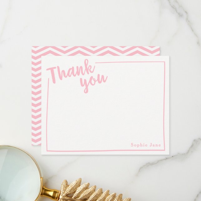 Personalised Thank You Flat Note, Pink Script (Front/Back In Situ)
