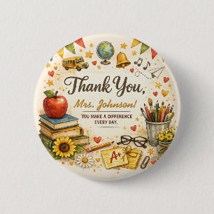 Personalised Thank You Teacher Watercolor Gift 6 Cm Round Badge