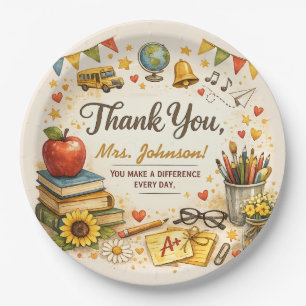 Personalised Thank You Teacher Watercolor Gift Paper Plate
