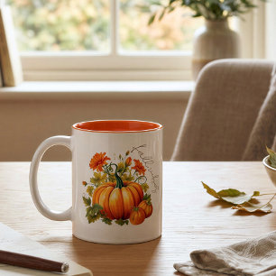 Personalised Thankful Pumpkin Fall Floral Two-Tone Coffee Mug