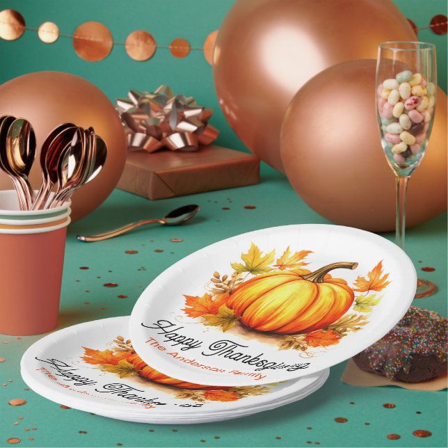 Personalised Thanksgiving Pumpkin & Fall Leaves Paper Plate (Multi)
