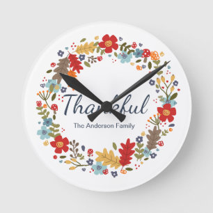 Personalised Thanksgiving Thankful Fall Round Clock
