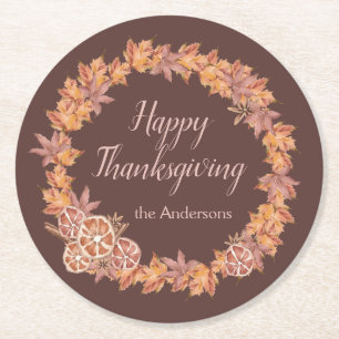 Personalised Thanksgiving Watercolor Fall Leaves Round Paper Coaster
