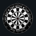 Personalised "The man, the myth, the legend" Black Dartboard<br><div class="desc">Great gift for guys. 2-colour dartboard (customisable colours) with the curved text on top: "THE MYTH" "THE MAN" "THE LEGEND" separated by diamond symbols. Curved text on the bottom for the name of the recipient.
If you need help with this design,  please email me at help@customandcrafted.com</div>