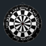 Personalised "The man, the myth, the legend" Black Dartboard<br><div class="desc">Great gift for guys. 2-colour dartboard (customisable colours) with the curved text on top: "THE MYTH" "THE MAN" "THE LEGEND" separated by diamond symbols. Curved text on the bottom for the name of the recipient.
If you need help with this design,  please email me at help@customandcrafted.com</div>
