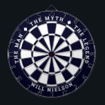 Personalised "The man, the myth, the legend" Name Dartboard<br><div class="desc">Great gift for guys. 2-colour dartboard (customisable colours) with the curved text on top: "THE MYTH" "THE MAN" "THE LEGEND" separated by diamond symbols. Curved text on the bottom for the name of the recipient.
If you need help with this design,  please email me at help@customandcrafted.com</div>