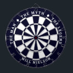 Personalised "The man, the myth, the legend" Name Dartboard<br><div class="desc">Great gift for guys. 2-colour dartboard (customisable colours) with the curved text on top: "THE MYTH" "THE MAN" "THE LEGEND" separated by diamond symbols. Curved text on the bottom for the name of the recipient.
If you need help with this design,  please email me at help@customandcrafted.com</div>