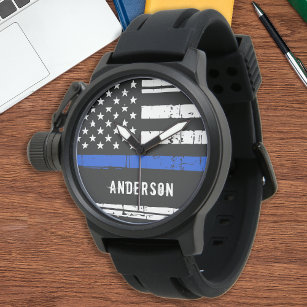 Personalised Thin Blue Line American Flag Police Watch