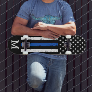 Personalised Thin Blue Line Flag Monogram Police  Skateboard