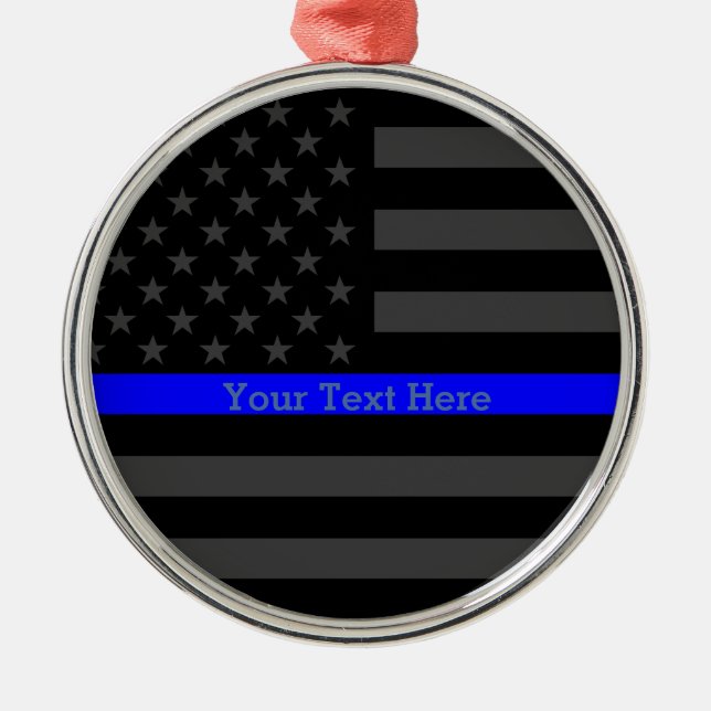 Personalised Thin Blue Line Grey US Flag Keepsake Metal Tree Decoration (Front)