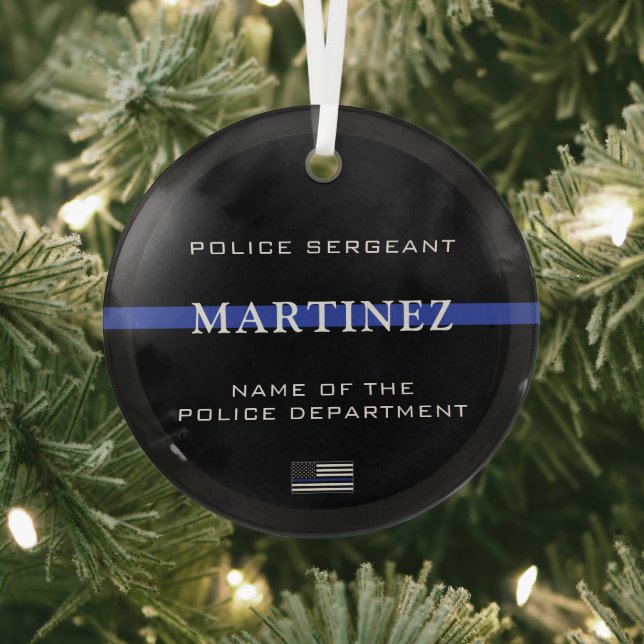 Personalised Thin Blue Line Police Officer Cop Glass Tree Decoration (Insitu)
